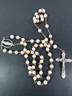 Classic Pearl Rosary Necklace with Silver Crucifix Made In Italy
